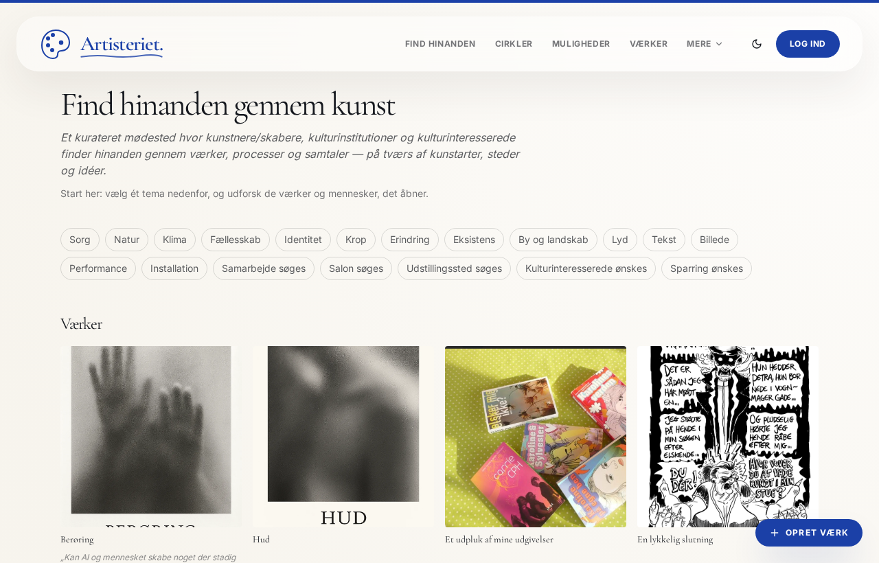 The 'find each other through art' page in the Artisteriet pilot